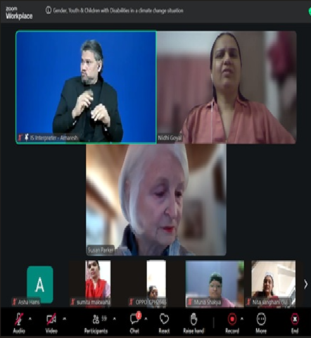 Screenshot of a Zoom window. Spotlighted are Amaresh (ISL Interpreter), Nidhi Goyal, and Susan Parker. At the bottom are windows of other participants and the Zoom buttons.