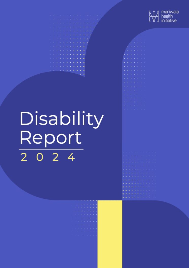 On a blue background, Disability Report is written in white at left side. Below that '2024' is written in yellow. Mariwala Health Initiative logo is present at top right.