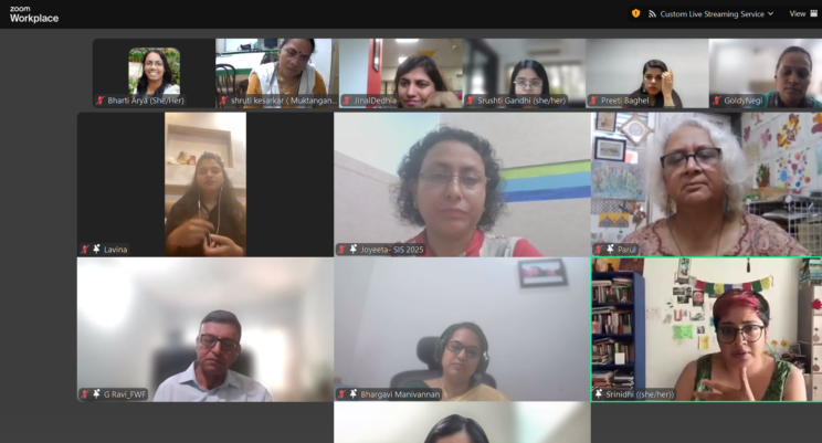 Screenshot of a Zoom meeting.. The panelists who are pinned, as well as the ISL Interpreter and Hindi translator. From left to right - Lavina (ISL interpreter), Joyeeta - SIS (moderator), Parul (panelist), Thiraviyam (panelist), Bhargavi (panelist), and Srinidhi (panelist), and Deepti (translator). Srinidhi is speaking.