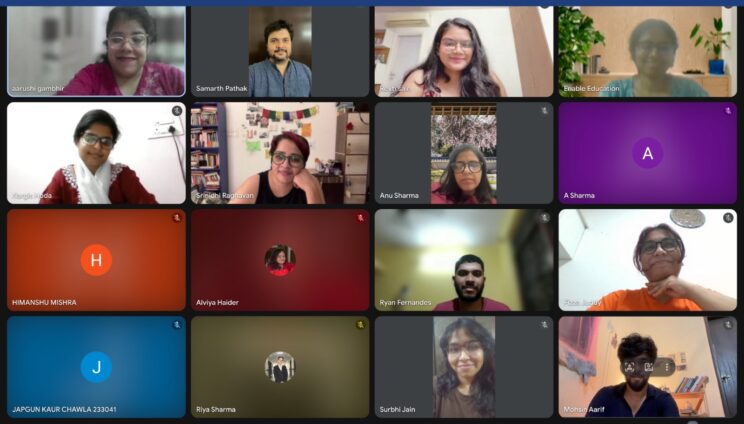 Screenshot of a Google Meet call with 16 participants on the screen, some with their cameras on, some without.