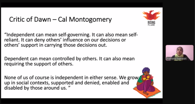 Screenshot of a Zoom window. Dr. Prathama is sharing her screen which has a presentation slide on it. Her camera is on as she presents. The slide has the following text: "Critic of Dawn – Cal Montogomery
