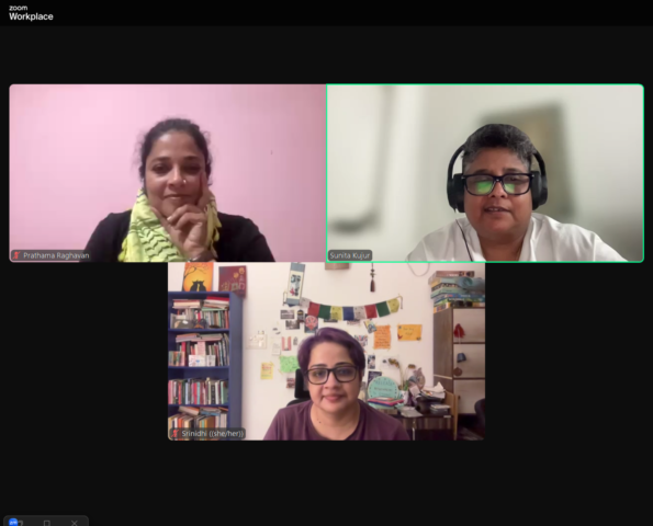 Screenshot of a Zoom call. Dr. Prathama Raghavan, Sunita Kujur and Srinidhi Raghavan have their cameras on and are visible.