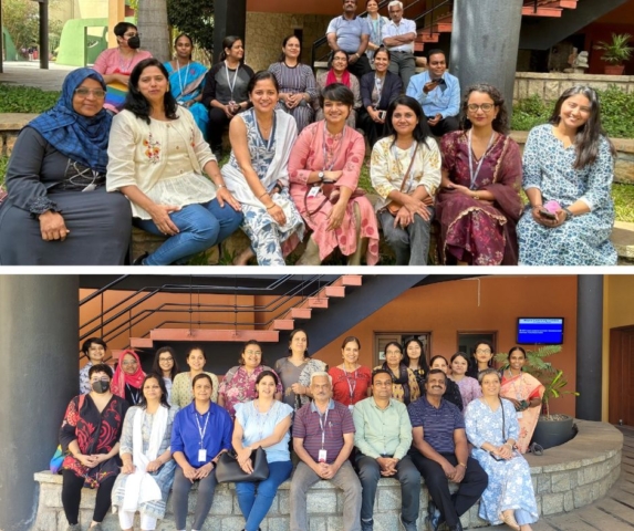 A collage of 2 group pictures on top of each other. They are outdoors. The group is sitting on a ledge in 2 rows in both photos, with some standing at the back, all smiling at the camera.