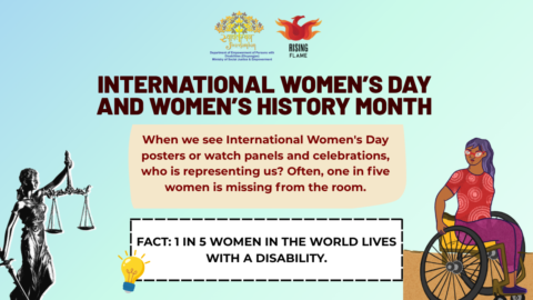 The background is a blue gradient going from sky blue to light. On the top right are the DEPWD - India and RF logos. Center-aligned is a bold header that reads: “International Women’s Day and Women’s History Month.” Below is a beige text box that reads: “When we see International Women's Day posters or watch panels and celebrations, who is representing us? Often, one in five women is missing from the room.” Below is a dotted text box that reads: “FACT: 1 in 5 women in the world lives with a disability.” On the bottom left corner of this box is an illustration of a lightbulb. On the left is an image of a bronze Lady Justice statue. On the right is an illustration of a girl with purple hair wearing a red top and purple pants in a wheelchair looking to the left.