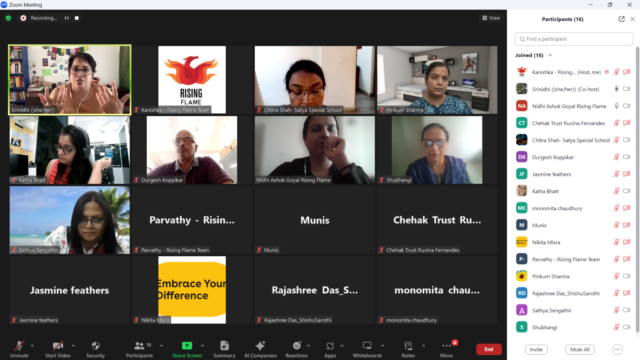 Screenshot of a Zoom meeting. There are 16 participants on screen, with the Zoom meeting buttons at the bottom and list of participants on the right. Some of them have their camera on. Srinidhi Raghavan, on the far left is speaking.