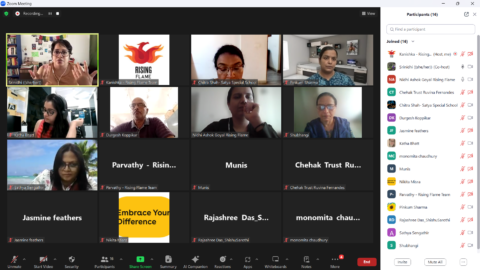 Screenshot of a Zoom meeting. There are 16 participants on screen, with the Zoom meeting buttons at the bottom and list of participants on the right. Some of them have their camera on. Srinidhi Raghavan, on the far left is speaking.