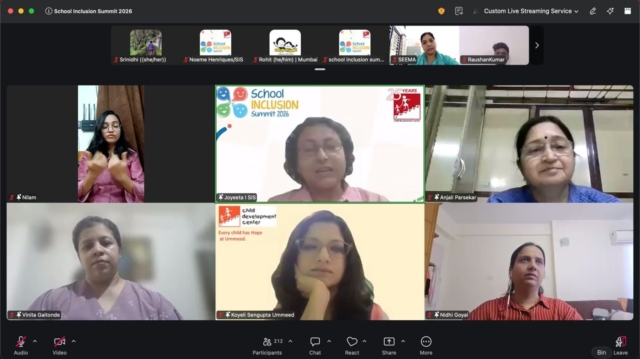 Screenshot of a Zoom meeting with 6 speakers pinned and a few participants on top. From left to right in 2 rows - Nilam, who is a sign language interpreter, Joyeeta, Anjali Parsekar, Vinita Gaitonde, Koyeli Sengupta, and Nidhi Goyal. At the bottom are the Zoom buttons. The number of participants shown is 212.