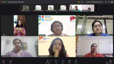 Screenshot of a Zoom meeting with 6 speakers pinned and a few participants on top. From left to right in 2 rows - Nilam, who is a sign language interpreter, Joyeeta, Anjali Parsekar, Vinita Gaitonde, Koyeli Sengupta, and Nidhi Goyal. At the bottom are the Zoom buttons. The number of participants shown is 212.
