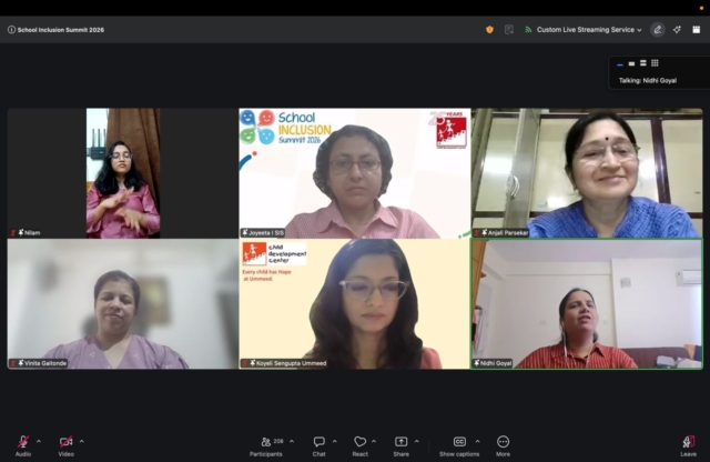 Screenshot of a Zoom meeting with 6 speakers visible. From left to right in 2 rows - Nilam, who is a sign language interpreter, Joyeeta, Anjali Parsekar, Vinita Gaitonde, Koyeli Sengupta, and Nidhi Goyal. A small window on the top right says: "Talking: Nidhi Goyal." At the bottom are the Zoom buttons. The number of participants shown is 208.