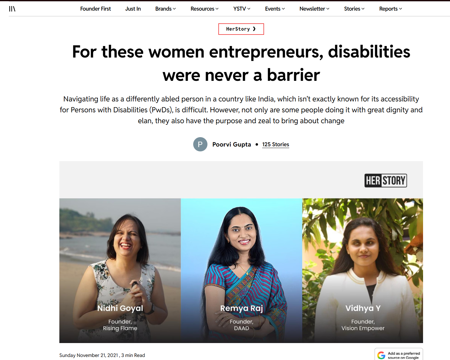 YourStory article screenshot. "HerStory" on top. Headline: For these women entrepreneurs, disabilities were never a barrier. Subheading: Navigating life as a differently abled person in a country like India, which isn’t exactly known for its accessibility for Persons with Disabilities (PwDs), is difficult. However, not only are some people doing it with great dignity and elan, they also have the purpose and zeal to bring about change. Writer: Poorvi Gupta. Feature image is a collage with 3 women: Nidhi Goyal (Founder, Rising Flame), Remya Raj (Founder, DAAD), and Vidhya Y (Founder, Vision Empower)