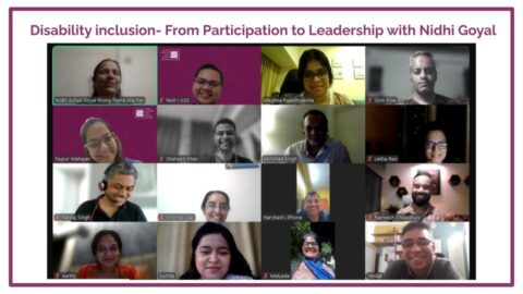 Screenshot of a Zoom meeting framed by a purple border. On top is a title: Disability inclusion- From Participation to Leadership with Nidhi Goyal." There are 16 people on screen - 3 of them are Nidhi, and 2 of the ILSS organisers. The others are participants, all cameras on and smiling.