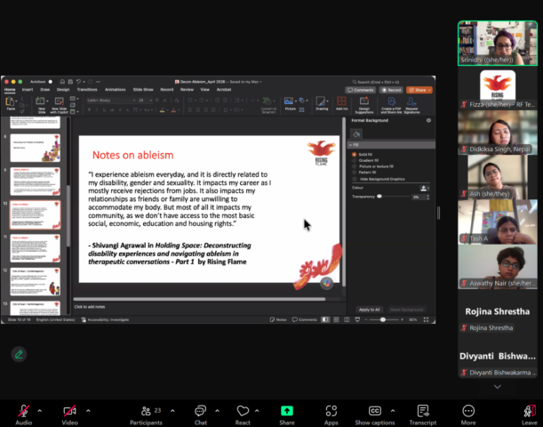 Screenshot of a Zoom meeting with 23 participants, some with their video on. Srinidhi is speaking while sharing her screen. There is a presentation on, with 'Notes on ableism' on it with a quote from Shivangi Agrawal.