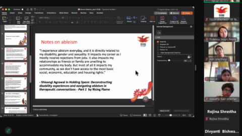 Screenshot of a Zoom meeting with 23 participants, some with their video on. Srinidhi is speaking while sharing her screen. There is a presentation on, with 'Notes on ableism' on it with a quote from Shivangi Agrawal.
