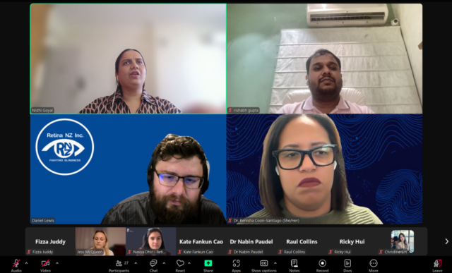 A zoom window with 4 speakers spotlighted and a row of participants below them. From left to right: Nidhi Goyal, who is speaking; Rishabh Gupta; Daniel Lewis; and Dr. Kenisha Coon-Santiago.