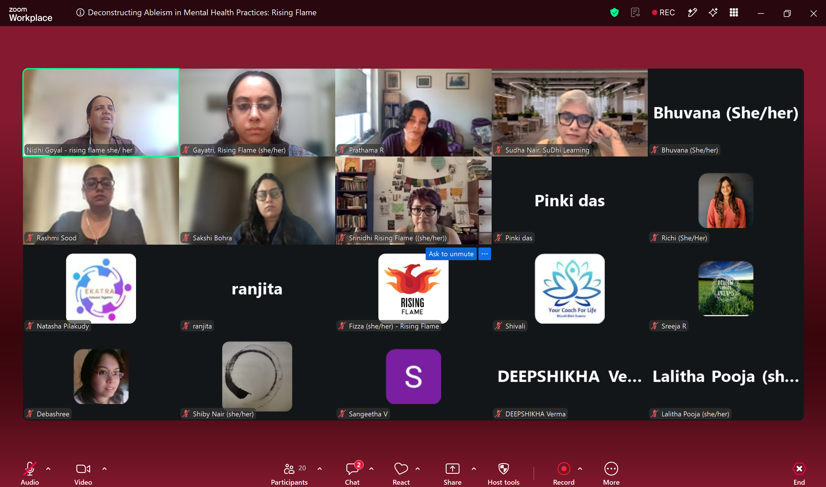Zoom screenshot with a gallery view of the meeting. There are 20 participants, some with the camera on and some without. Nidhi Goyal's window is highlighted as she is speaking.