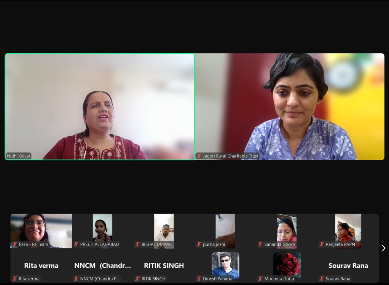 A Zoom meeting where two speakers are spotlighted: Nidhi Goyal and Manisha Jhalaan. Below this, there are 12 thumbnails of other participants, some with their cameras on and all muted.