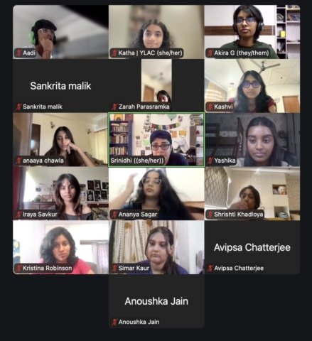 Zoom screenshot of 16 participants, most of them with their videos on and muted. In the center is Srinidhi Raghavan, who is speaking
